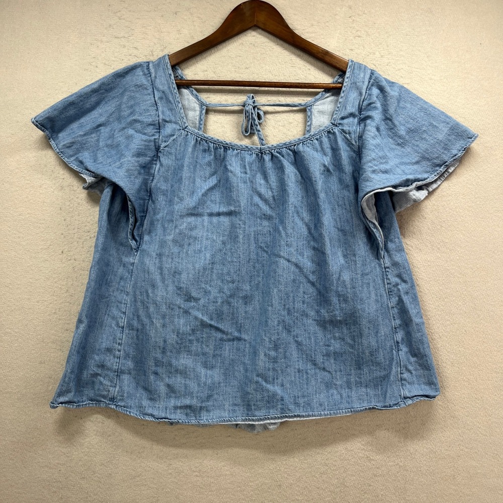 Old Navy Blouse Women 2X Blue Chambray Flutter Sleeve Denim Tie Back Casual Boho